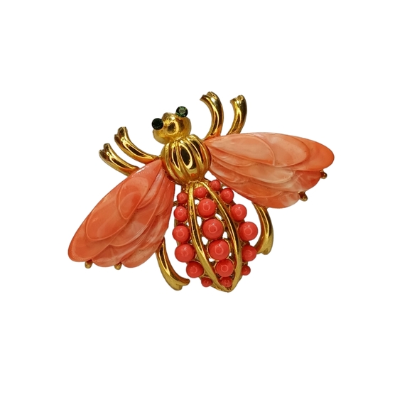 Rare Signed Hattie Carnegie Vintage Bee Peach Lucite Coral Colored Brooch Pin - Picture 5 of 16